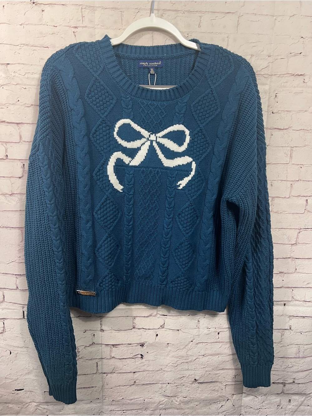 NWT Simply Southern XL Cable Knit Bow Sweater Teal Blue